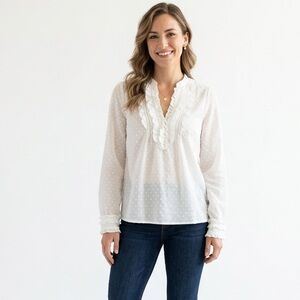 Old Navy Off White Swiss Dot Ruffle Blouse | Romantic Boho V-Neck Top Medium